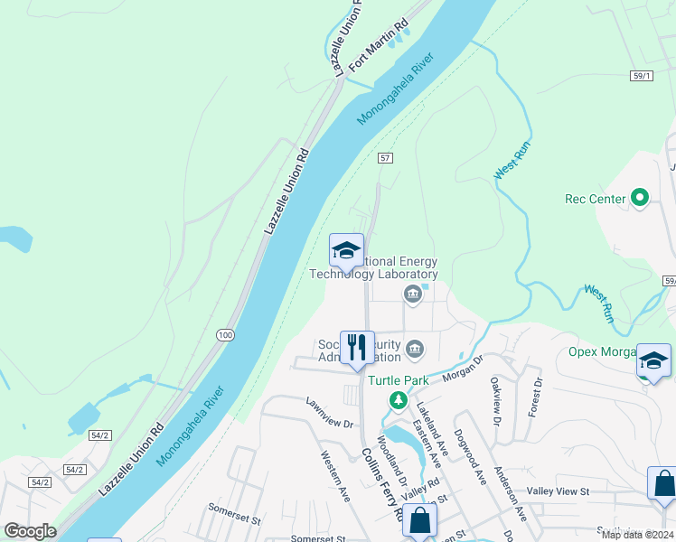 map of restaurants, bars, coffee shops, grocery stores, and more near 131 Rystan Place in Morgantown