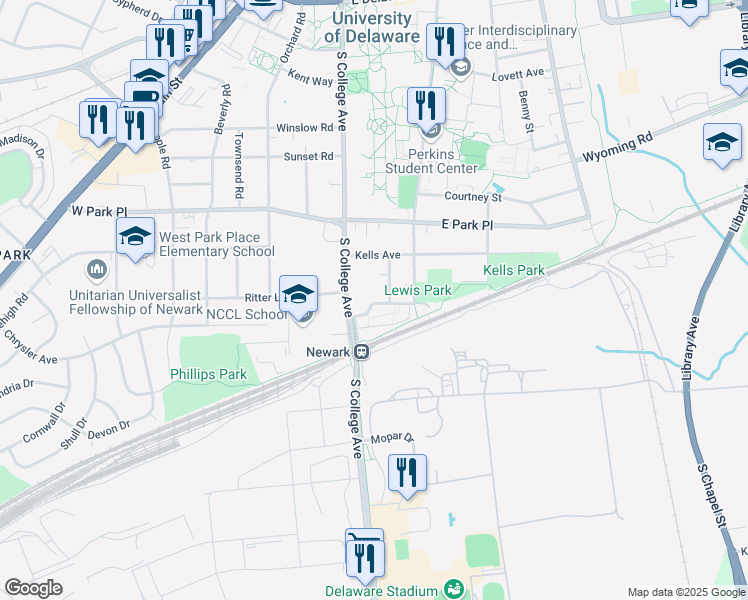 map of restaurants, bars, coffee shops, grocery stores, and more near 28 Water Works Lane in Newark