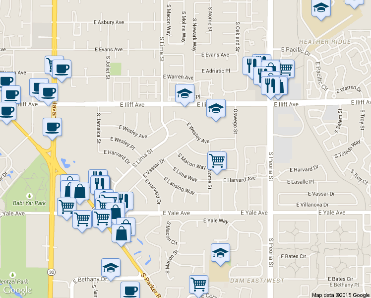map of restaurants, bars, coffee shops, grocery stores, and more near 11456 East Vassar Drive in Aurora