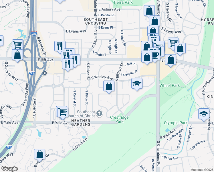 map of restaurants, bars, coffee shops, grocery stores, and more near 2422 South Eagle Way in Aurora