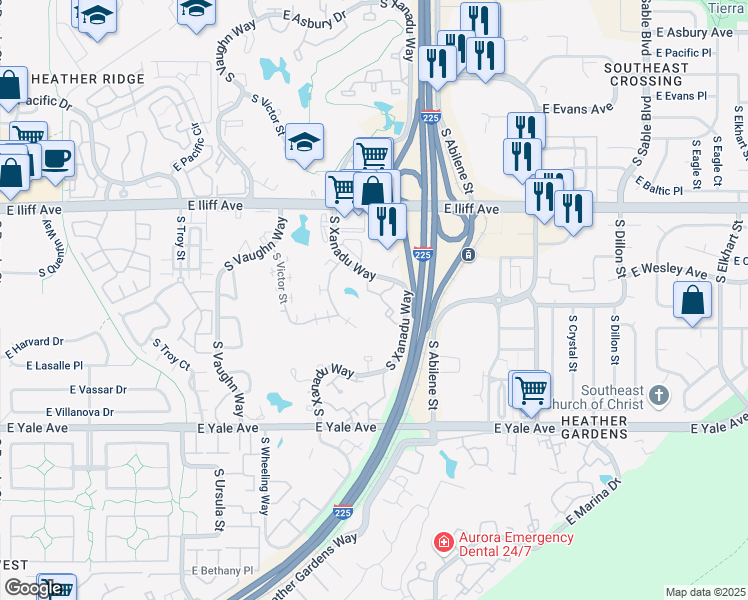 map of restaurants, bars, coffee shops, grocery stores, and more near 2453 South Xanadu Way in Aurora