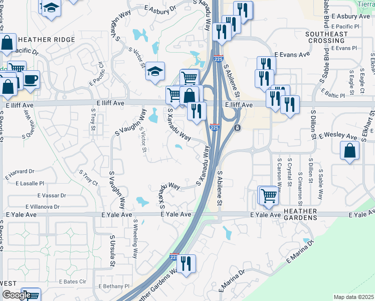 map of restaurants, bars, coffee shops, grocery stores, and more near 2453 South Xanadu Way in Aurora