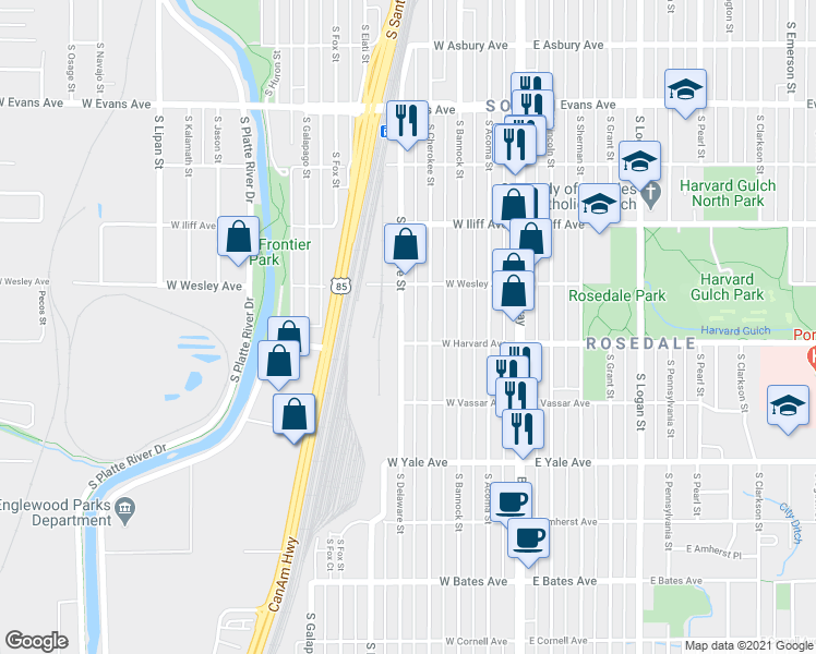 map of restaurants, bars, coffee shops, grocery stores, and more near 2495 South Delaware Street in Denver