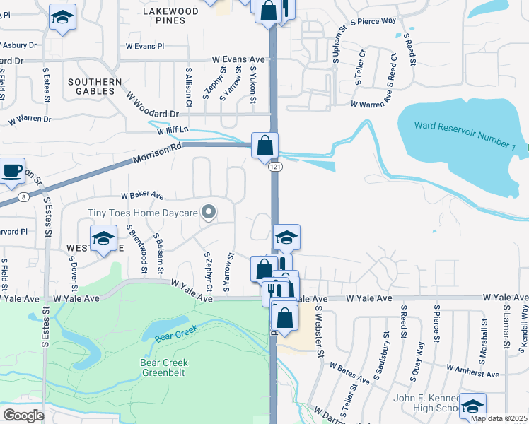 map of restaurants, bars, coffee shops, grocery stores, and more near 2617 South Wadsworth Circle in Lakewood
