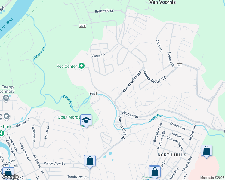 map of restaurants, bars, coffee shops, grocery stores, and more near 3004 Church Hill Drive in Morgantown