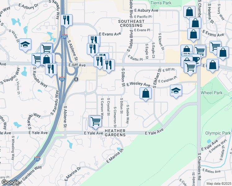 map of restaurants, bars, coffee shops, grocery stores, and more near 14375 East Harvard Avenue in Aurora