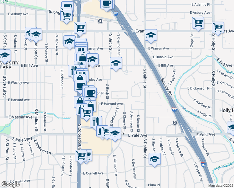 map of restaurants, bars, coffee shops, grocery stores, and more near 2479 South Clermont Street in Denver