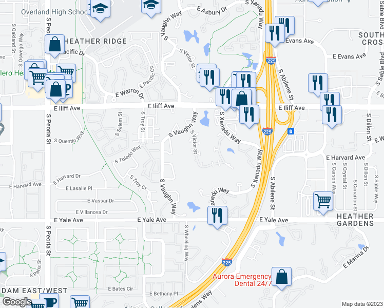 map of restaurants, bars, coffee shops, grocery stores, and more near 2457 South Victor Street in Aurora