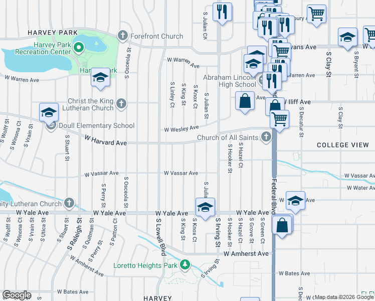 map of restaurants, bars, coffee shops, grocery stores, and more near 2509 South King Street in Denver