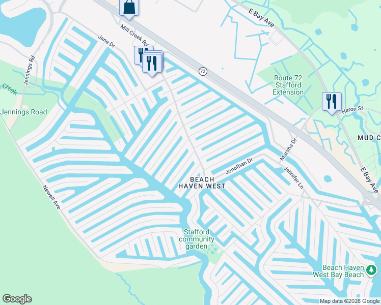 map of restaurants, bars, coffee shops, grocery stores, and more near 25 Lynn Ann Lane in Stafford Township