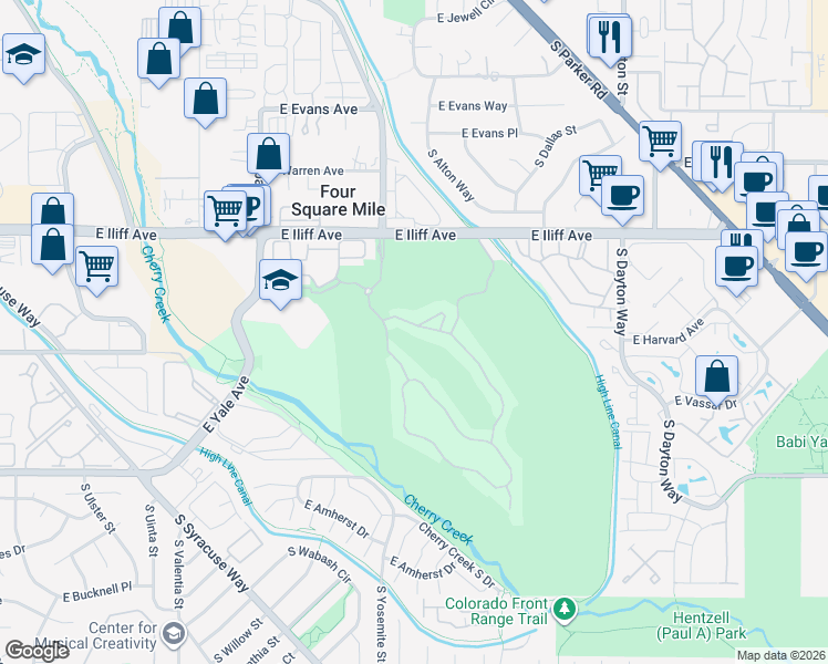 map of restaurants, bars, coffee shops, grocery stores, and more near 8991 East Wesley Drive in Denver
