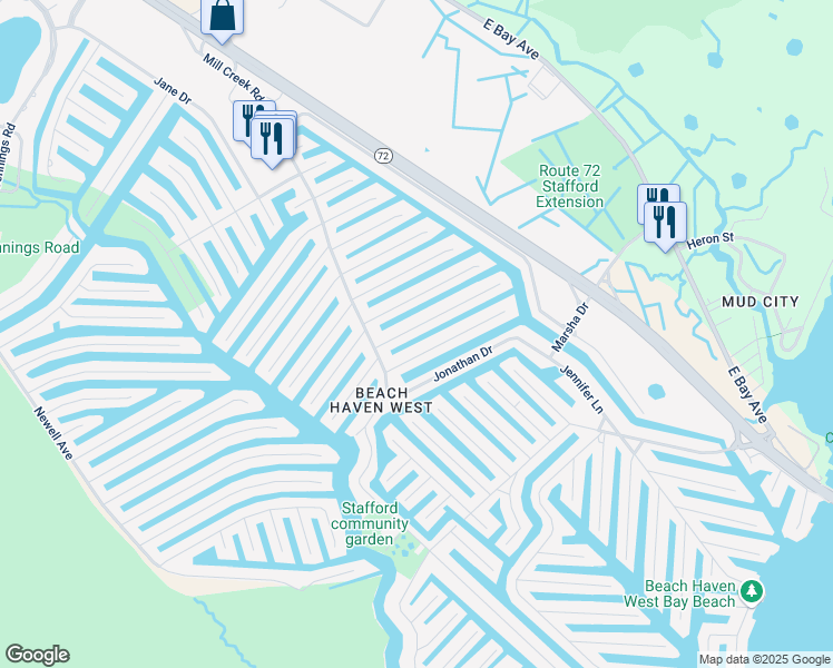 map of restaurants, bars, coffee shops, grocery stores, and more near 35 Mary Alice Road in Stafford Township
