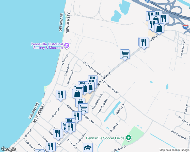 map of restaurants, bars, coffee shops, grocery stores, and more near 305 North Broadway in Pennsville Township