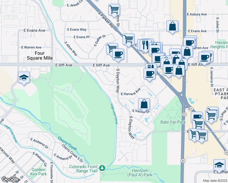 map of restaurants, bars, coffee shops, grocery stores, and more near 1200 South Dayton Way in Denver