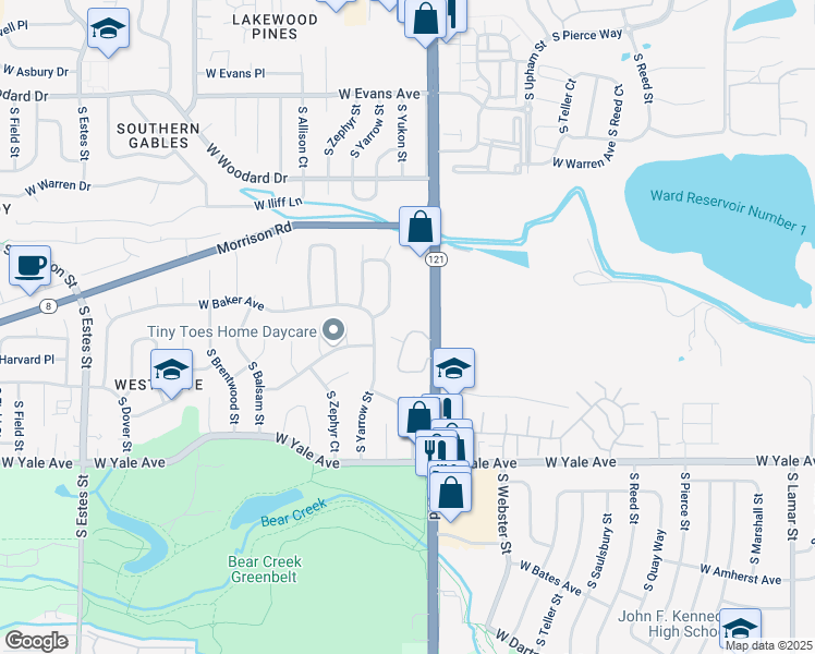 map of restaurants, bars, coffee shops, grocery stores, and more near 2617 South Wadsworth Circle in Lakewood