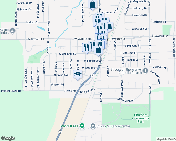 map of restaurants, bars, coffee shops, grocery stores, and more near 310 South Church Street in Chatham