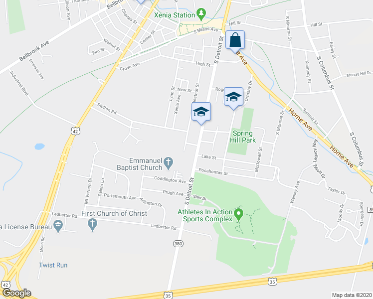 map of restaurants, bars, coffee shops, grocery stores, and more near 945 Chestnut Street in Xenia