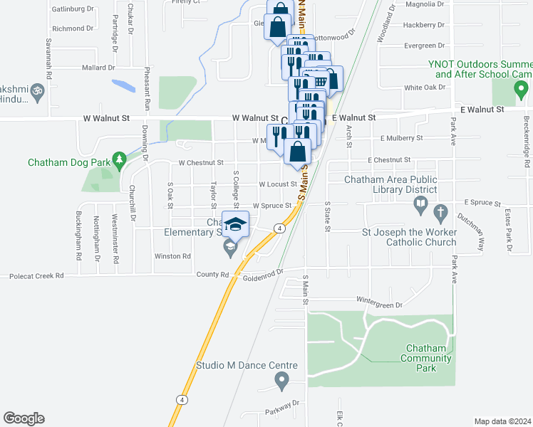 map of restaurants, bars, coffee shops, grocery stores, and more near 206 West Spruce Street in Chatham