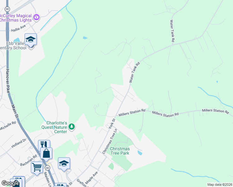 map of restaurants, bars, coffee shops, grocery stores, and more near 3524 Water Tank Road in Manchester