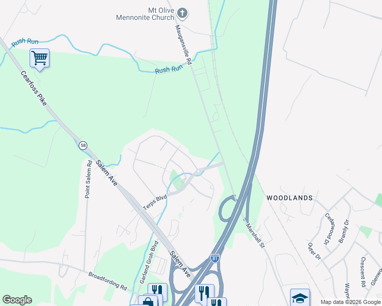 map of restaurants, bars, coffee shops, grocery stores, and more near 13126 Nittany Lion Circle in Hagerstown