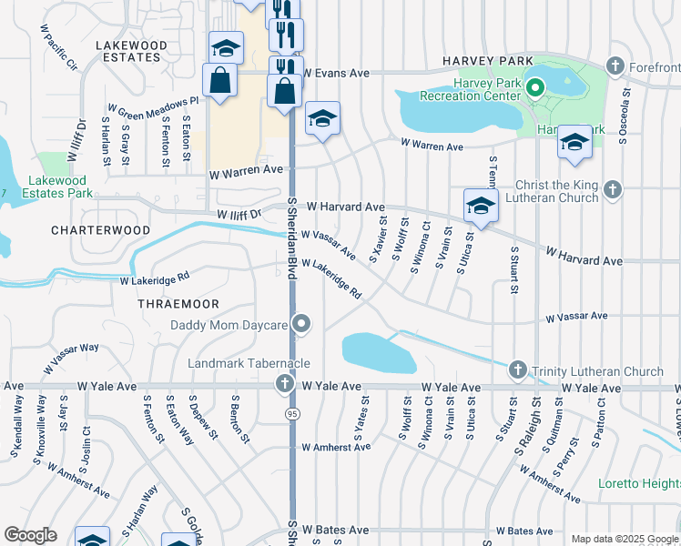 map of restaurants, bars, coffee shops, grocery stores, and more near 5005 West Lakeridge Road in Denver