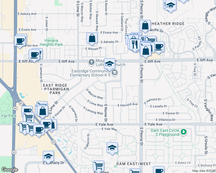 map of restaurants, bars, coffee shops, grocery stores, and more near 2425 South Oakland Circle in Aurora