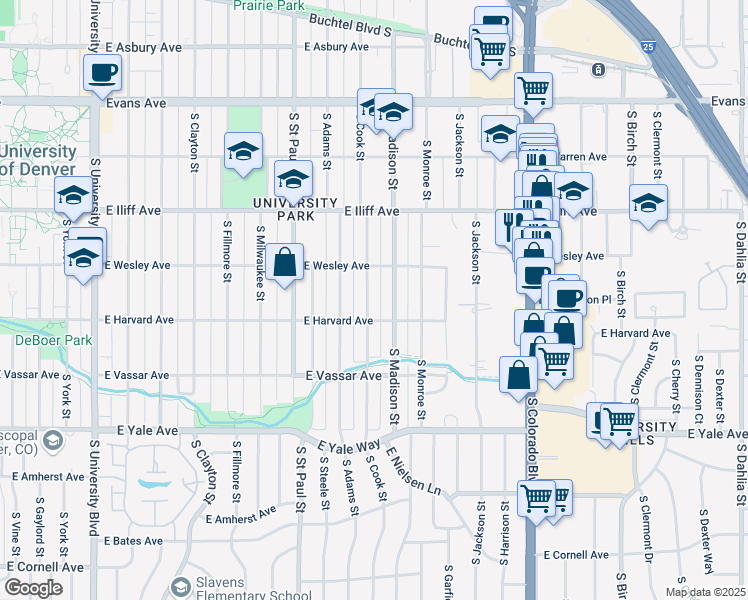 map of restaurants, bars, coffee shops, grocery stores, and more near 2460 South Cook Street in Denver