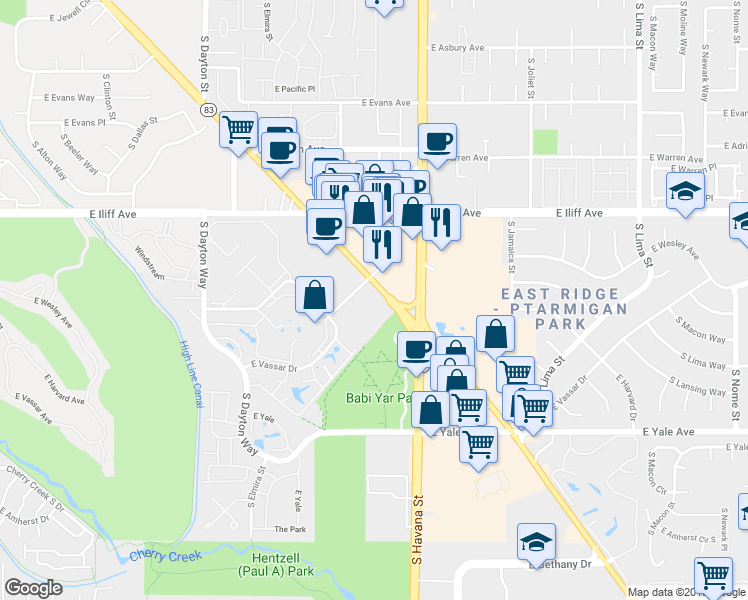 map of restaurants, bars, coffee shops, grocery stores, and more near 2700 South Parker Road in Aurora