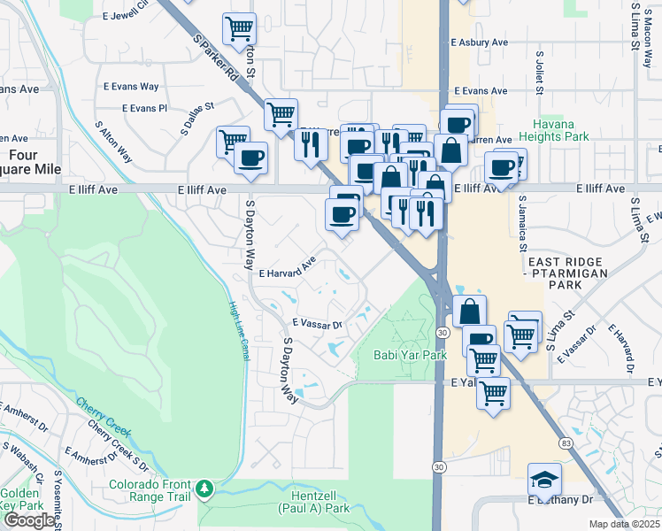 map of restaurants, bars, coffee shops, grocery stores, and more near 10050 East Harvard Avenue in Denver