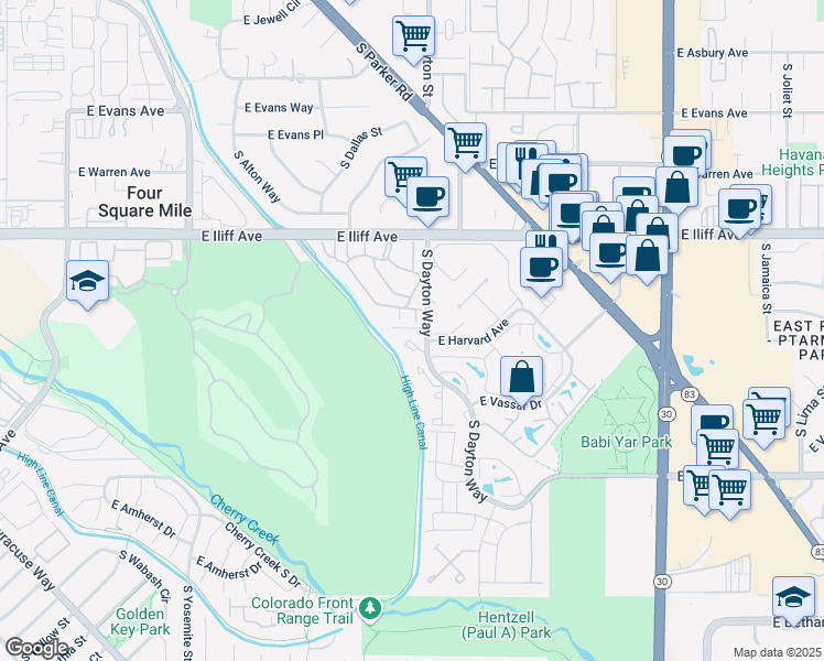 map of restaurants, bars, coffee shops, grocery stores, and more near 1200 South Dayton Way in Denver