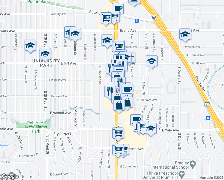 map of restaurants, bars, coffee shops, grocery stores, and more near 2447 South Colorado Boulevard in Denver