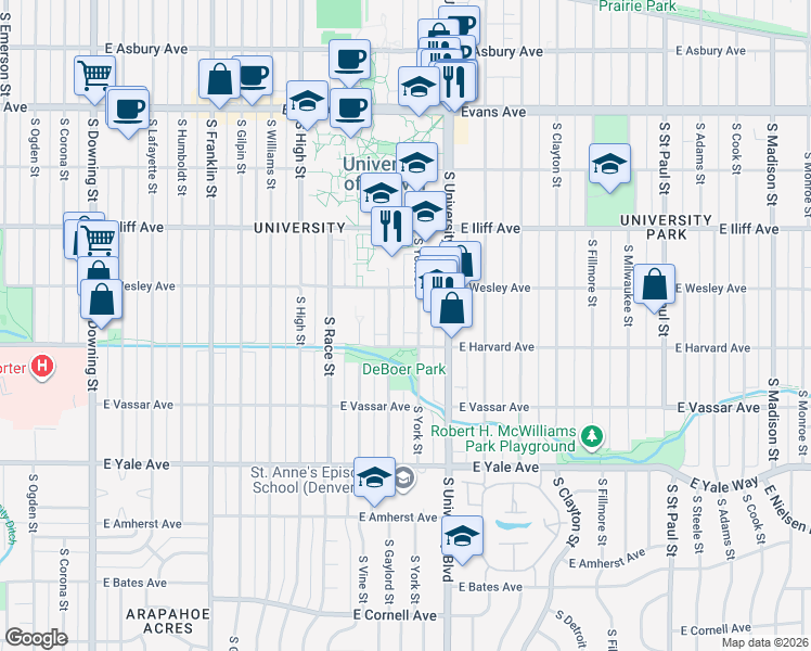 map of restaurants, bars, coffee shops, grocery stores, and more near 2455 South York Street in Denver