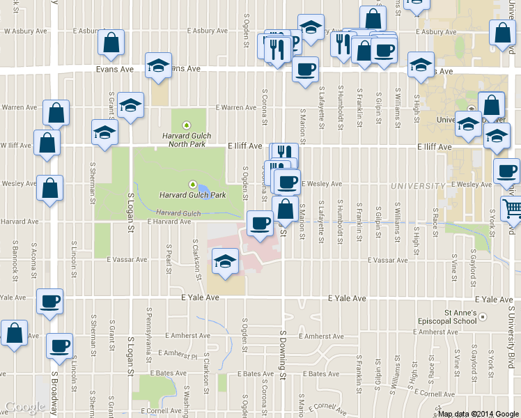 map of restaurants, bars, coffee shops, grocery stores, and more near 2442 South Corona Street in Denver