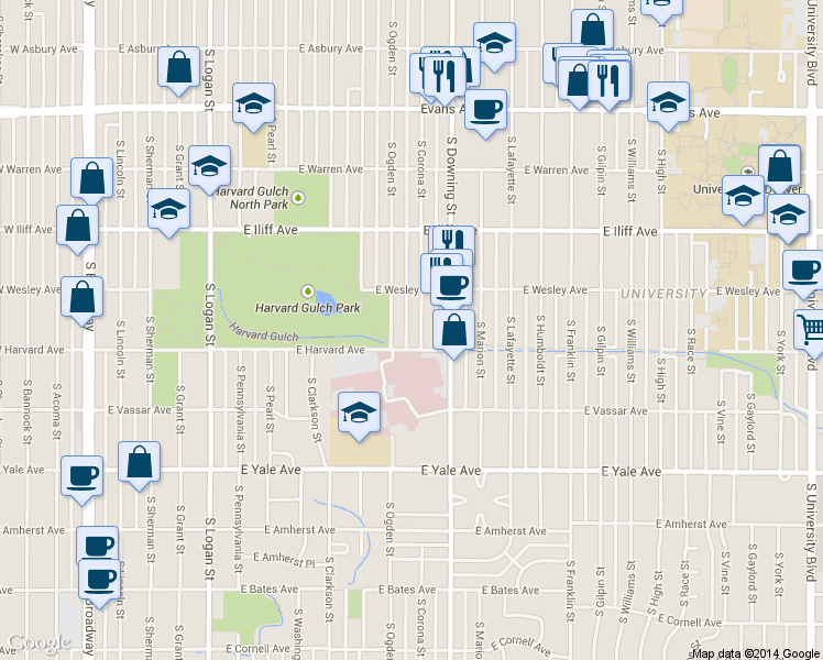 map of restaurants, bars, coffee shops, grocery stores, and more near 2442 South Corona Street in Denver