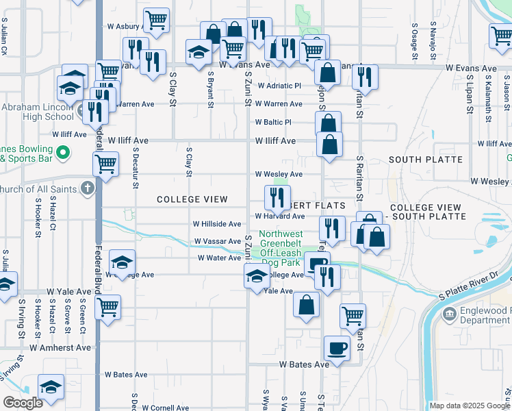 map of restaurants, bars, coffee shops, grocery stores, and more near 2380 West Baker Avenue in Englewood