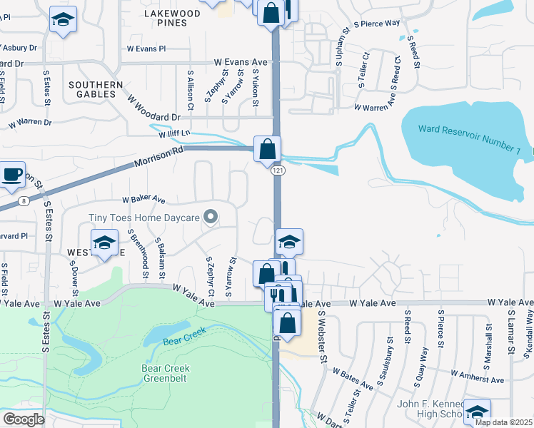 map of restaurants, bars, coffee shops, grocery stores, and more near 2617 South Wadsworth Circle in Lakewood