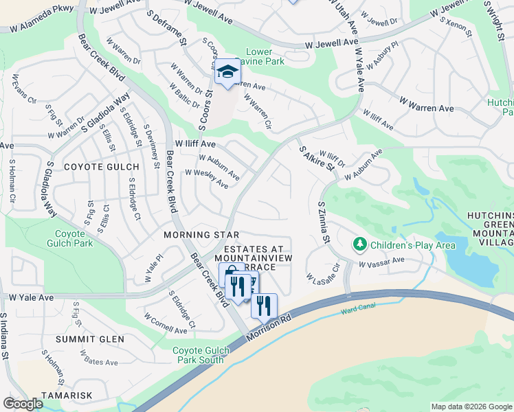 map of restaurants, bars, coffee shops, grocery stores, and more near 2701 South Cole Court in Lakewood