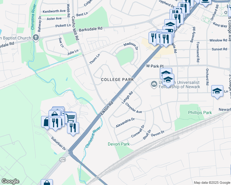 map of restaurants, bars, coffee shops, grocery stores, and more near 780 Elkton Road in Newark