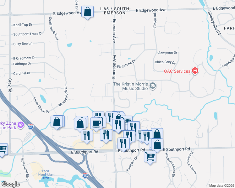 map of restaurants, bars, coffee shops, grocery stores, and more near 6534 South Cobham Lane in Indianapolis