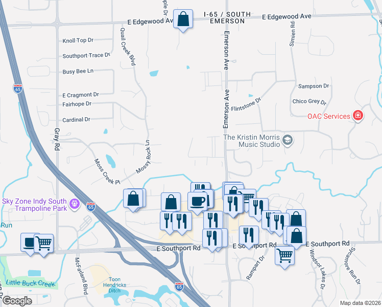 map of restaurants, bars, coffee shops, grocery stores, and more near 4830 Silver Creek Drive in Indianapolis