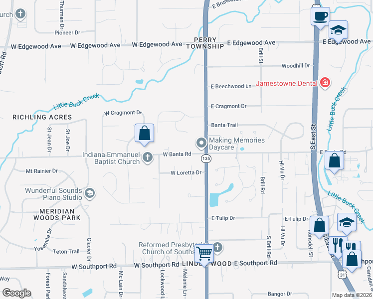 map of restaurants, bars, coffee shops, grocery stores, and more near 40 West Banta Road in Indianapolis