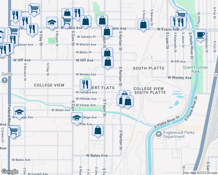 map of restaurants, bars, coffee shops, grocery stores, and more near 1900 West Baker Avenue in Englewood