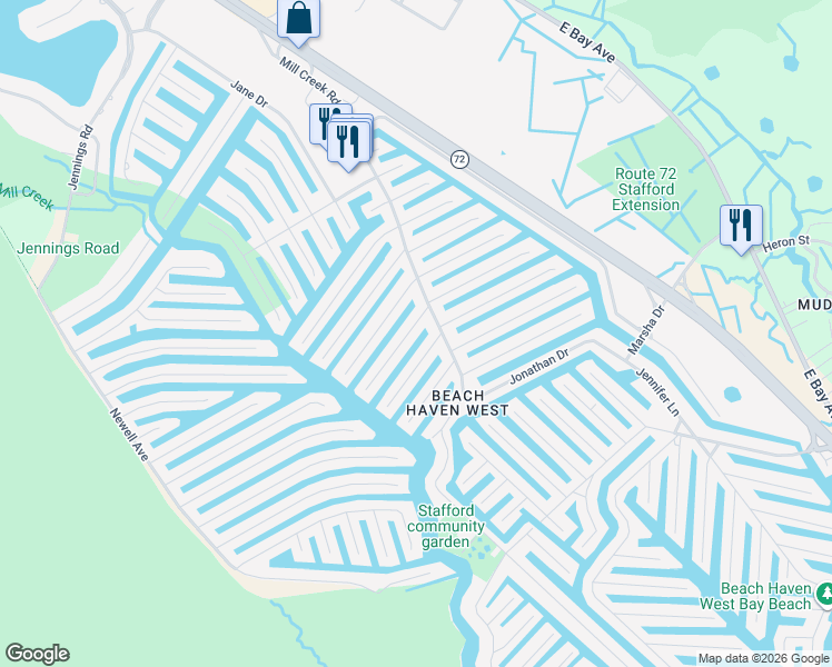 map of restaurants, bars, coffee shops, grocery stores, and more near 25 Lynn Ann Ln in Stafford Township