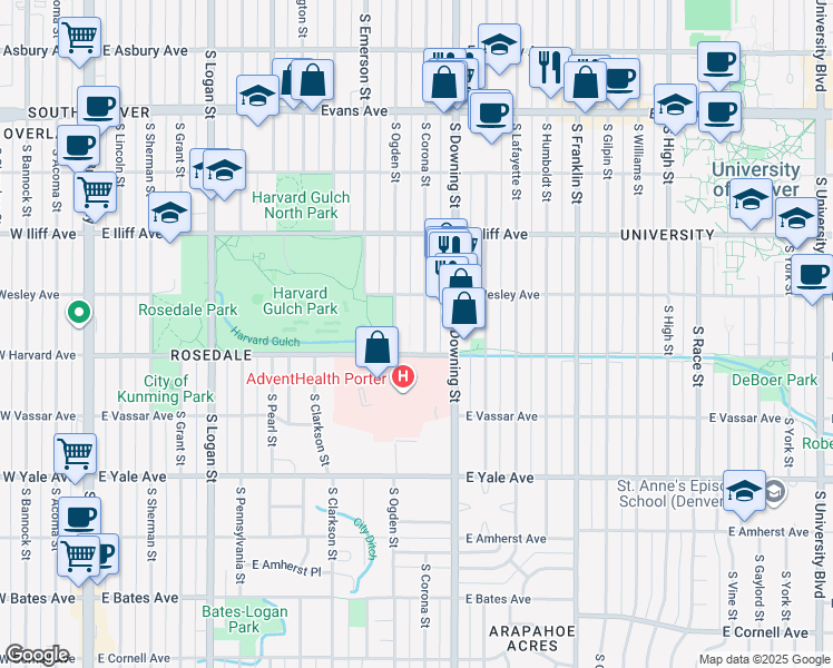 map of restaurants, bars, coffee shops, grocery stores, and more near 2442 South Corona Street in Denver