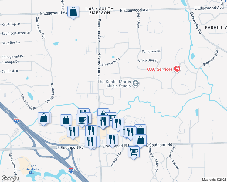 map of restaurants, bars, coffee shops, grocery stores, and more near 6535 South Waybridge Court in Indianapolis
