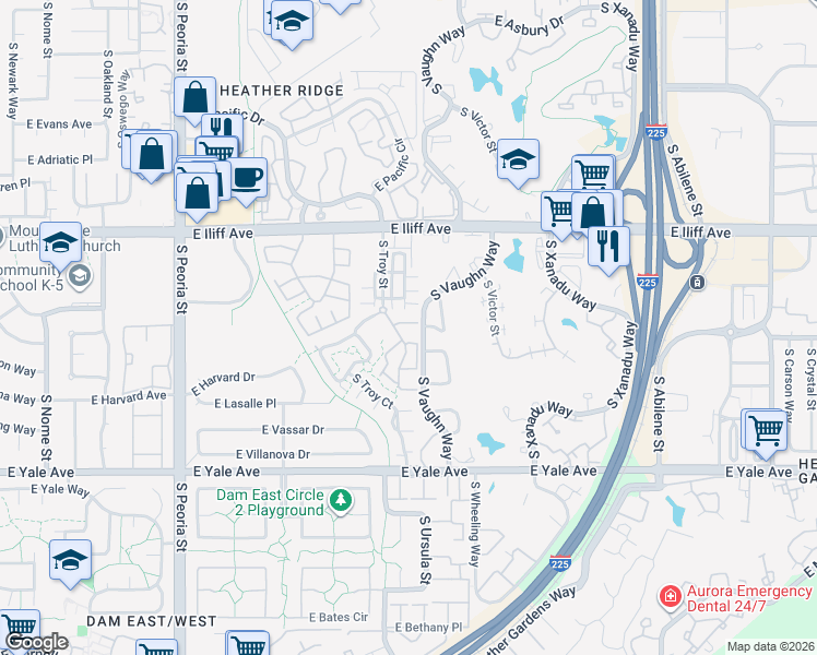map of restaurants, bars, coffee shops, grocery stores, and more near 12880 East Dickenson Place in Aurora