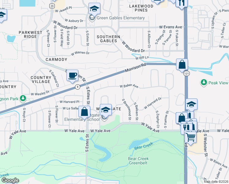 map of restaurants, bars, coffee shops, grocery stores, and more near 2463 S Carr Ct in Lakewood