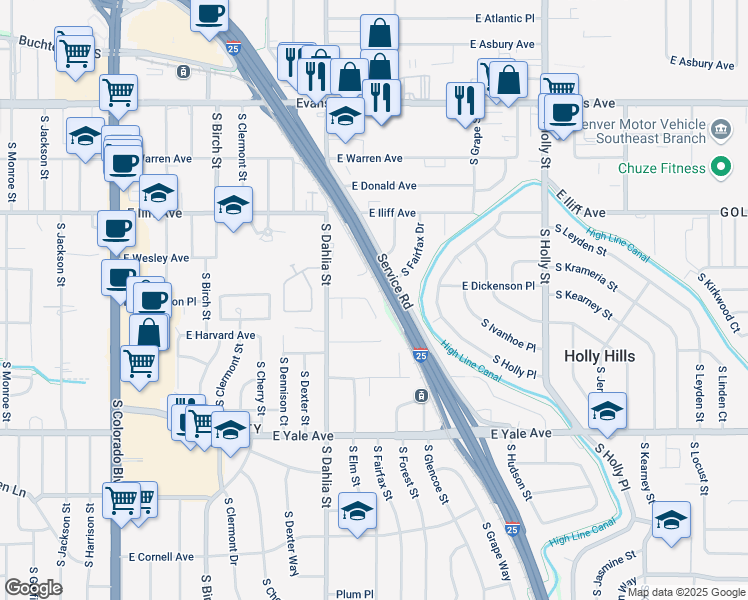 map of restaurants, bars, coffee shops, grocery stores, and more near 4861 East Harvard Lane in Denver