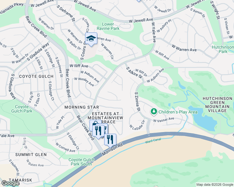 map of restaurants, bars, coffee shops, grocery stores, and more near 2716 South Cole Court in Lakewood