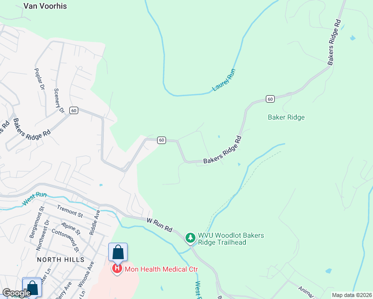 map of restaurants, bars, coffee shops, grocery stores, and more near 874 Bakers Ridge Road in Morgantown